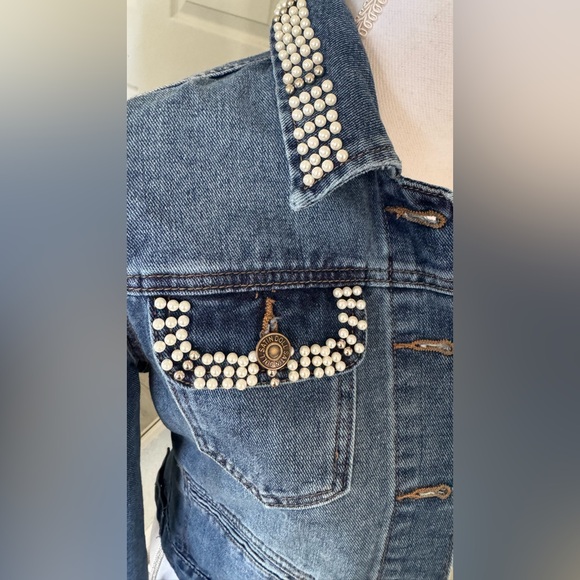 Satin Doll Bling Jean Jacket with pearls and studs size s - Picture 8 of 14